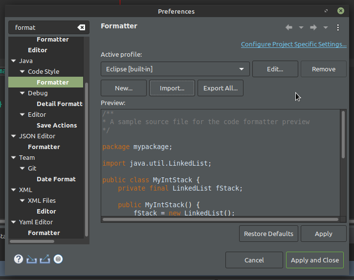 eclipse java formatter import